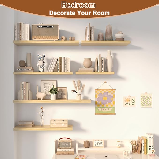 48 Inch Floating Shelf 3 Pack Large Floating Shelves for Wall No Drilling Accessories Included Deep Wall Shelves for Living Room Kitchen Farmhouse 48" W x 12" D x 1.2" Oak
