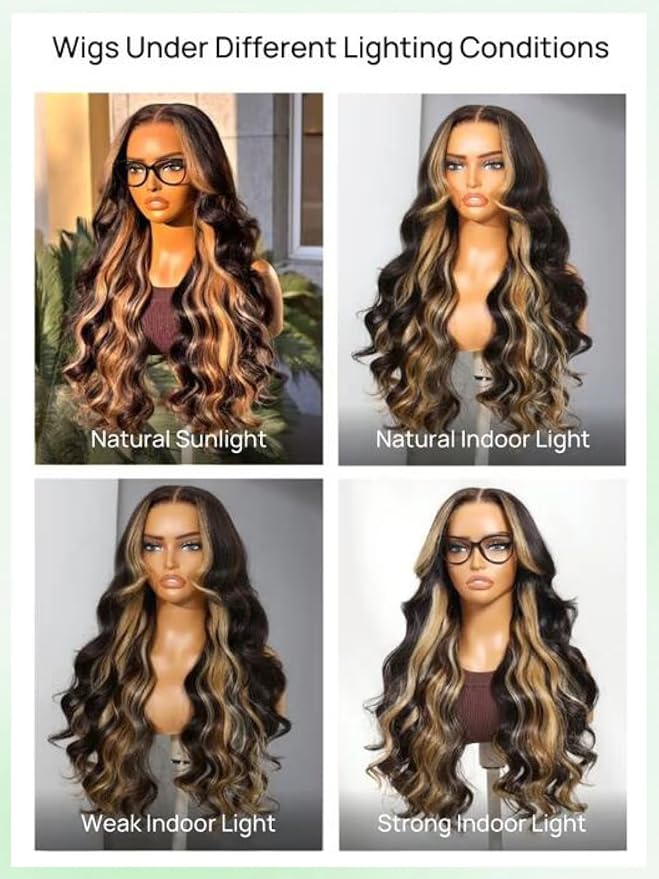 KLAIYI Ombre Highlight Blonde Loose Body Wave Bye Bye Knots Glueless Wigs Human Hair 7x5 Precut Lace Front Pre Plucked Bleached Ready to Wear Go Wig with Face Framing Curtain Bang Caramel Brown 16Inch