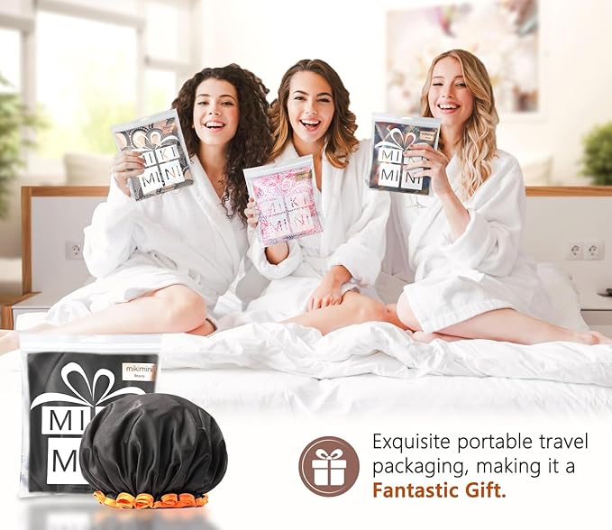 mikimini Black Shower Caps 2 Packs, Double Layers Waterproof Bathing Hair Cap with Reusable Soft Comfortable PEVA Lining, Cute, Non-fading & Stretchy Shower Hat Medium (Pack of 2) Black + Orange