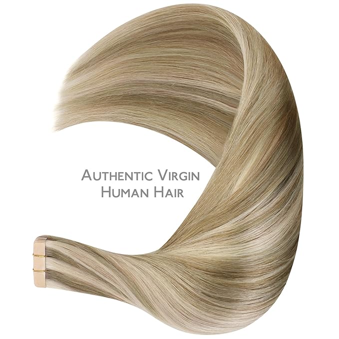 WENNALIFE Tape in Hair Extensions Human Hair Ash Brown with Platinum Blonde Highlights Tape in Extensions, 10pcs 20g 10 inch Remy Invisible Tape Ins Colored Soft Refill Set