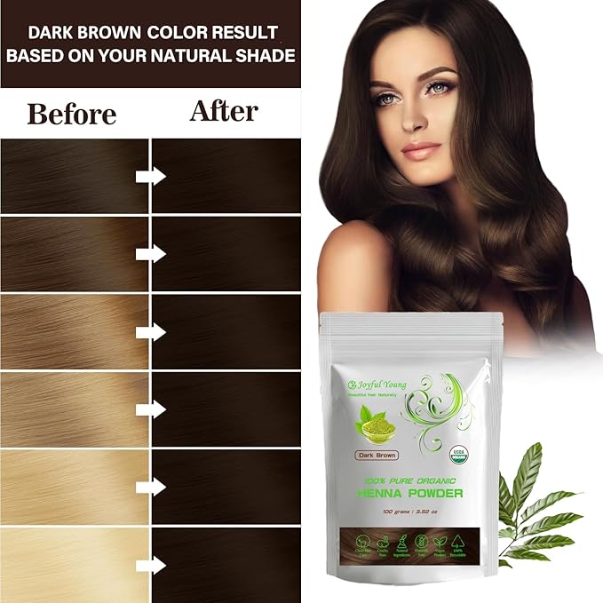 100% Organic Henna Hair Color – Natural, Chemical-Free Hair Dye for Rich, Vibrant Color & Gloss – Grey Coverage, Safe for All Hair Types, Vegan Non-Toxic, Herbal Hair Treatment (DARK BROWN)