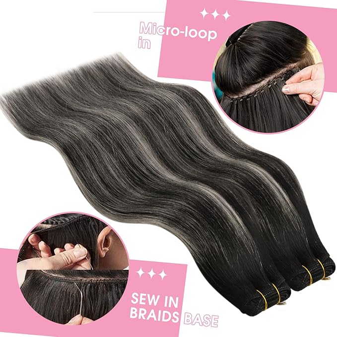 YoungSee 125G Black Hair Extensions Weft Balayage Natural Black Mix Silver Grey Weft Hair Extensions Human Hair Ombre Sew in Extensions for Long Hair 22In