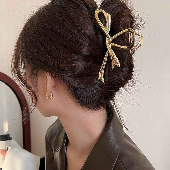Gold Ribbon Bow Hair Clips - Alloy Non-Slip Claw Clips with Strong Hold Grip for Thick, Thin Hair Accessories (1Pcs)