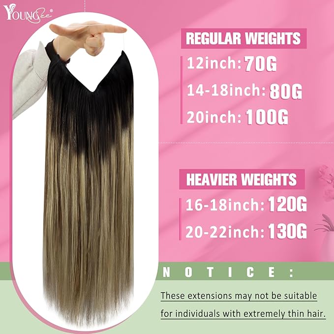 YoungSee 135G Wire Hair Extensions Real Human Hair Ombre Wire Hair Extensions Multicolor Human Hair Fish Line Extensions Dark Brown Roots to Medium Brown with Blonde Balayage 24inch