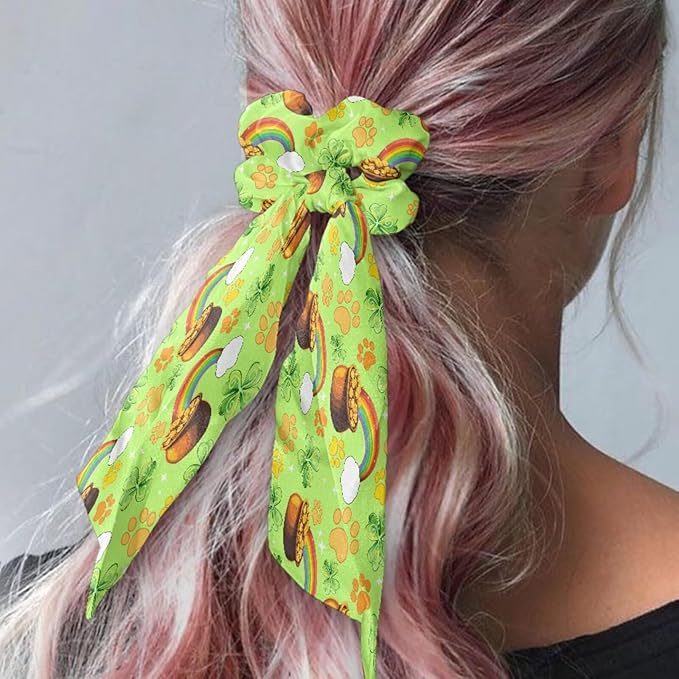 Ladybug Green Leaf Satin Hair Ties for Thin Hair Rainbow Pot of God Ribbon Hair Elastics for Girls 2 Piece St Patricks Day Scarf Scrunchies