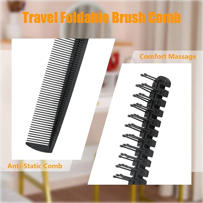 3PCS Travel Foldable Brush, Anti-Static Hair Comb and Double Headed Hairdressing Tool for Men & Women (Black)