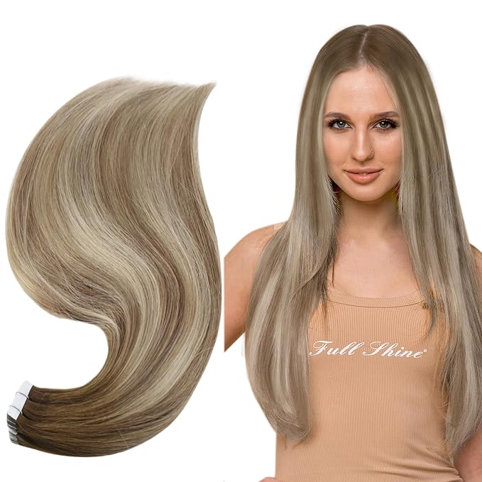 Full Shine Seamless Tape in Hair Extensions 16Inch Color Dark Brown 3 Fading to 8 and 22 Blonde Double Sided Tape in Extension Human Hair Skin Weft 50G Straight for Women Add Volume 20Pcs