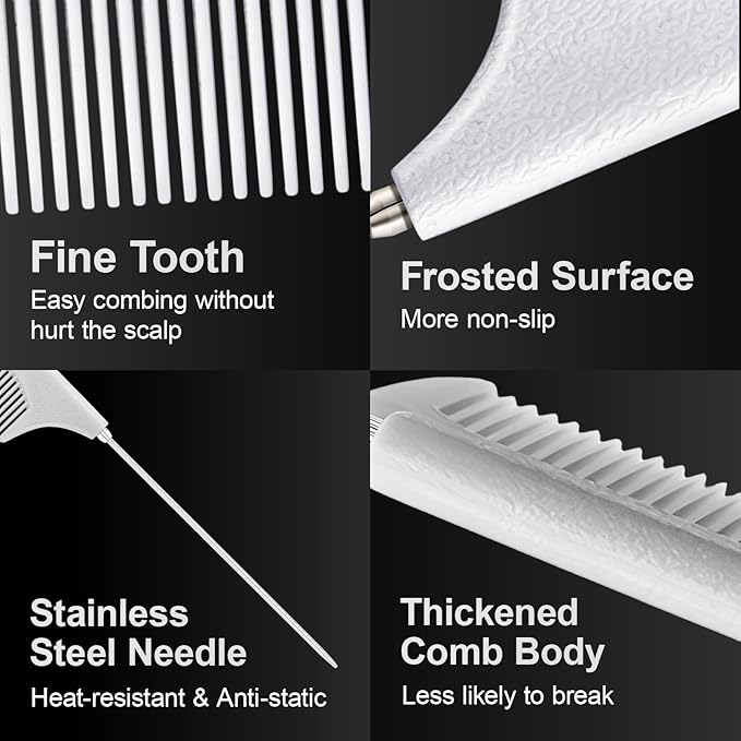 Rat Tail Combs for Parting, Protable Retractable Rat Tail Comb, Parting Combs for Hair Stylist, Fine Tooth Teasing Comb Stainless Steel Pin Tail, Easy to Carry (1 Pack-White)
