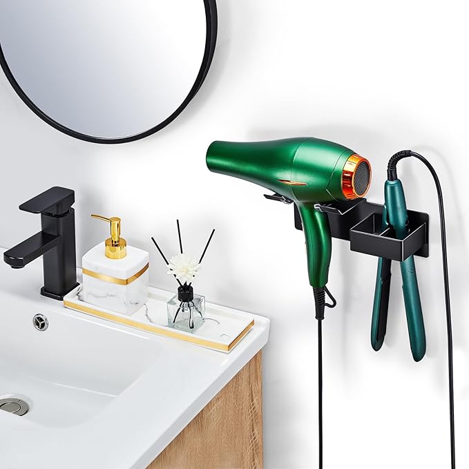 Hair Dryer Holder, Hair Straightener Holder Wall Mount, Hair Tool Organizer, Hairdryer and Straightener Holders, Adhesive Hair Tool Storage for Blow Dryer, Curling Iron, Flat Iron Stand (Black)