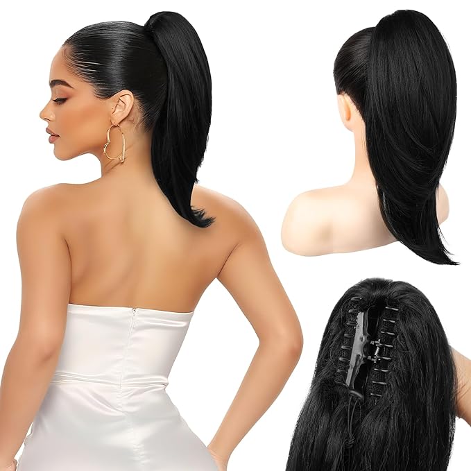 Ponytail Extension – 16” Claw Clip in Ponytail Hair Extensions Natural Soft Synthetic High Pony Tail Hairpieces for Women (Black, 16 inch)