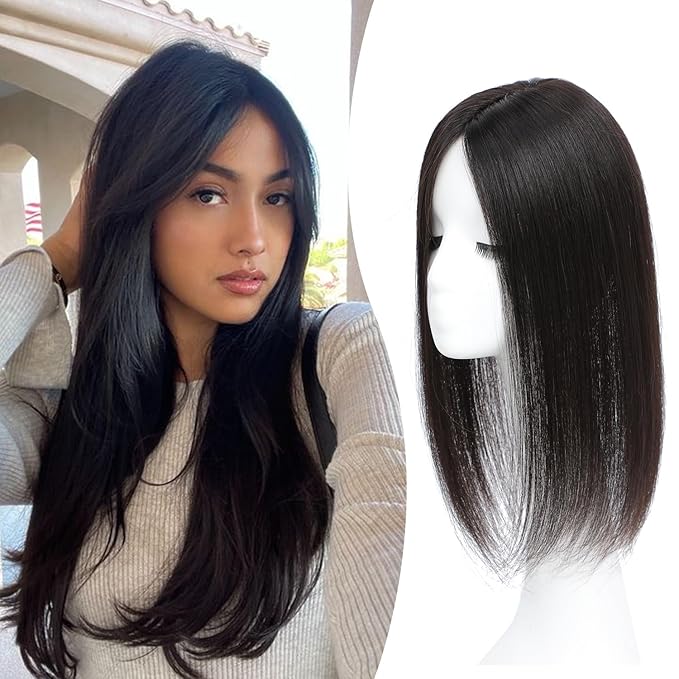 Fine Plus 16Inch Hair Toppers for Women Real Human Hair – Mono Base 3"x5", Natural Black Virgin Quality, for Thinning Crown & Wide Parting, Lightweight & Breathable, Add Volume Can Be Curled