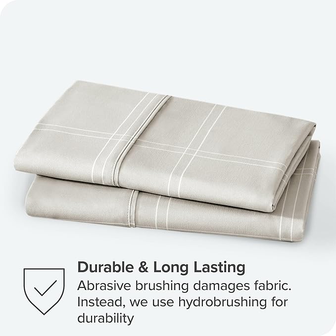 Bare Home Microfiber Pillow Cases - King Size Set of 2 - Cooling Pillowcases - Double Brushed - Pillowcases 2 Pack - Easy Care (King, Modern Plaid – Stone/White)