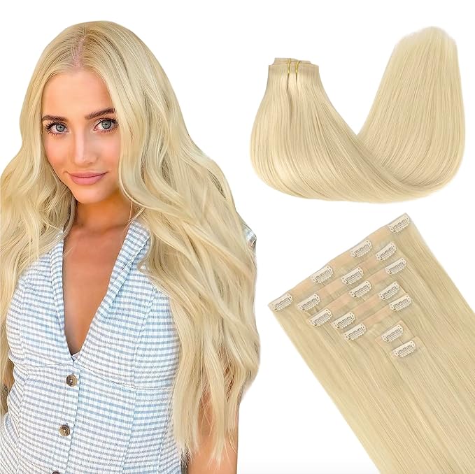 GOO GOO Clip in Hair Extensions Real Human Hair, Remy Human Hair Extensions Clip ins for Women, Natural Human Hair, 24inch 140g 7Pcs, #60A Platinum Blonde