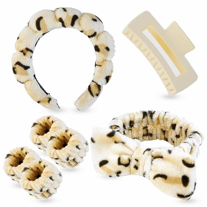 7 Pcs Spa Set, Facial Headband and Wristband Set, Skincare Accessories, College Style Girl Idea Gifts, Hair Accessories for Women and Girls（Leopard）