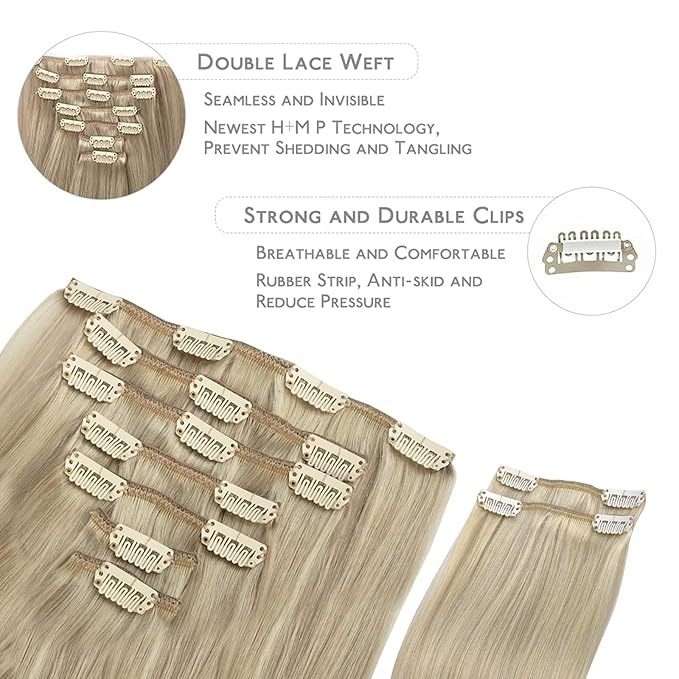 WENNALIFE Clip in Hair Extensions, 150g 14 Inch 9pcs Ash Blonde to Golden Blonde and Platinum Blonde Human Hair Extensions Thicker Clip in Hair Extensions Real Human Hair Clip Set Double Weft