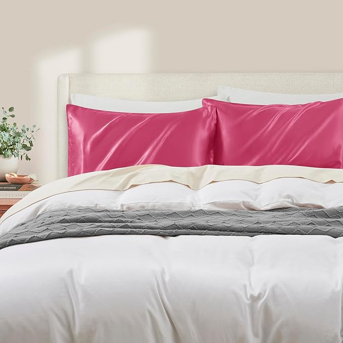 Peach Red Satin Pillowcase Queen Size Set of 2 for Hair and Skin, Peach Red Silk Pillowcase Breathable Pillowcase with Envelope Closure