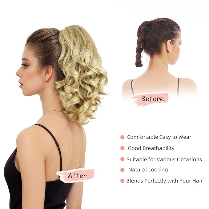 Ponytail Extension, Clip on Ponytails for Women, 12" Claw Clip in Short Curly Wavy Pony Hair Extension for Women - Light Honey Blonde