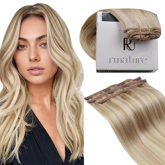 RUNATURE Blonde Clip in Hair Extensions Real Human Hair, Real Human Hair Clip in Extenisons for Women, Straight Natural Hair 18 Inch 50g 3pcs, #18P60 Ash Blonde Highlights