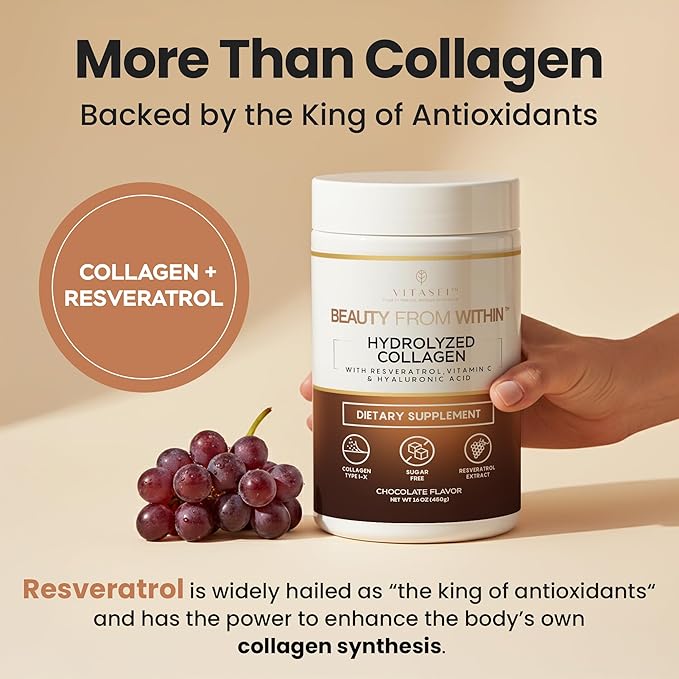 VITASEI Hydrolyzed Collagen Peptides Powder with Resveratrol & Vitamin C – Hair, Skin, Nails & Joint Support – Colágeno Hidrolizado for Women & Men – Delicious Chocolate Flavor, 16 oz (30 Servings)