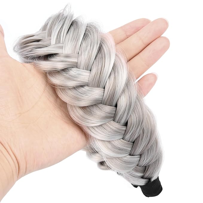 DIGUAN Wide Messy Braided Headband With Teeth Synthetic Hair Plaited Headband High Elasticity Braids Chunky Fishtail Braided Hair Band Hairpiece for Girls Women Beauty Accessory (Smoky Gray)