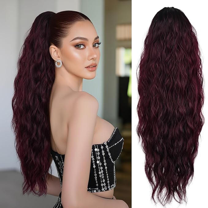 LEEONS 26 inch Drawstring ponytail Extension, Long Wavy pony tails hair extensions for Women - Synthetic Hairpiece Ponytail for Daily Use (Omber Black to Wine Red)