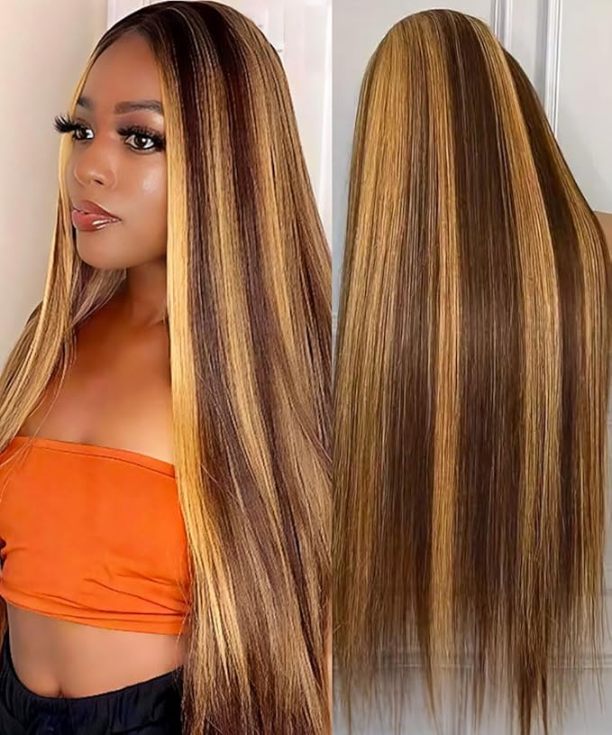 4/27 Ombre Lace Front Wig Human Hair Straight HD Lace Frontal Wig 13x6 Pre Plucked Tangle-Free 200 Density Honey Blonde Highlight Wig 20 Inch More Longer Life No Tangle No Shedding