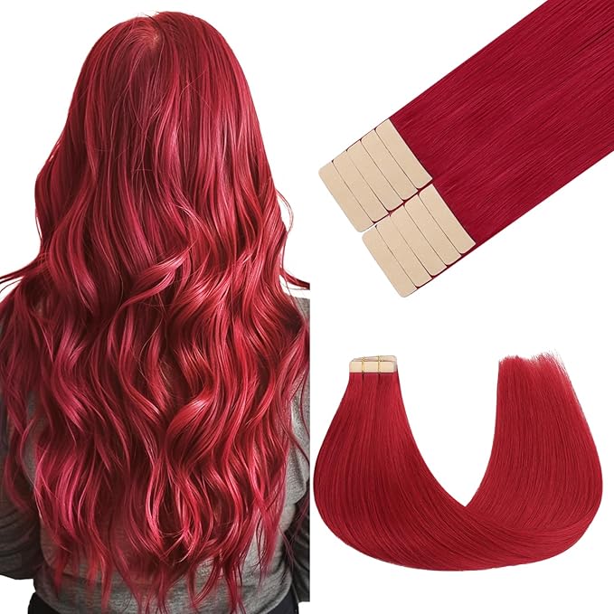 GOO GOO Tape in Hair Extensions Human Hair, Red, 12inch 20g 10pcs, Colored Tape ins Human Hair Extensions, Silky&Soft Invisible, Hair Highlighted for Party