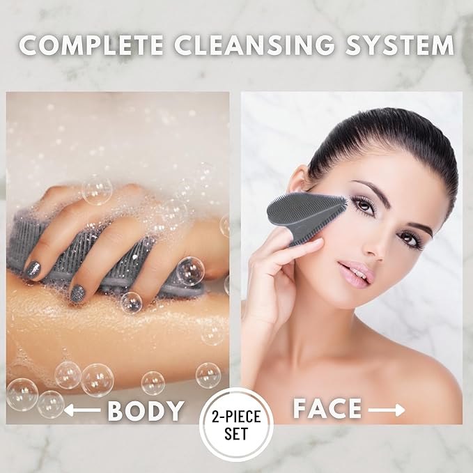 Body Face Scrubber Set Silicone - 2 Pack Shower Brush Facial Cleansing Kit - Avilana Bath Loofah Alternative Complete Skincare System Dual Sided - Gift Set Women Men