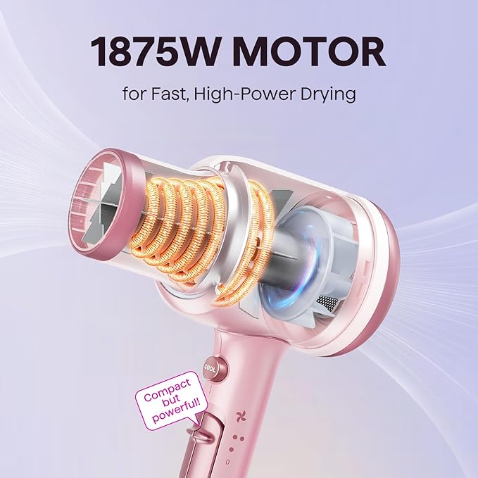Wavytalk Hair Dryer with Diffuser, Blown Away Ionic Blow Dryer for Curly Hair with Comb, 1875W Fast Drying Hair Dryer with Ceramic Technology, 3 Attachments for All Hair Types, Light and Quiet, Pink