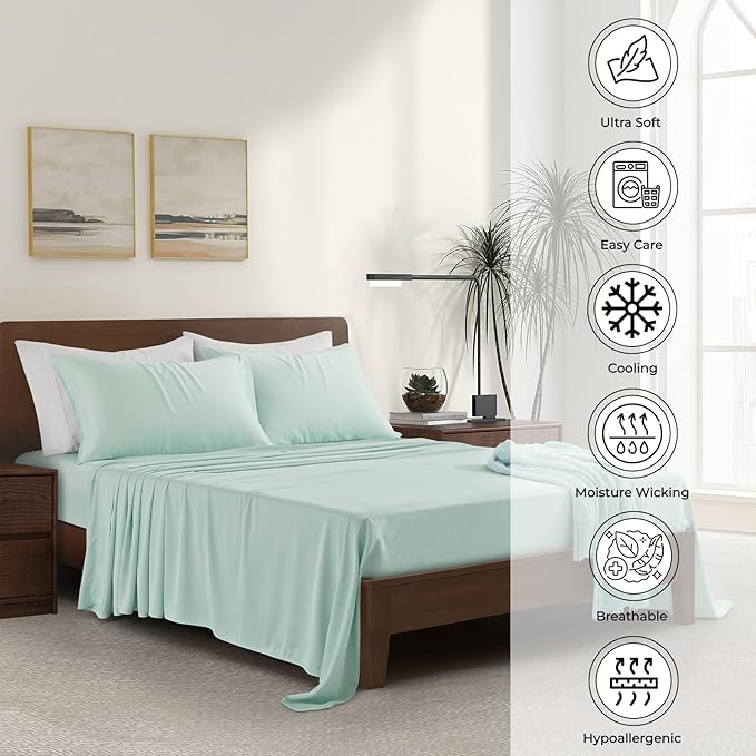 Luxury Bamboo Market |King Envelope Pillowcase Set | 100% Viscose Made from Bamboo | Organically Grown | Ultra Soft | Cooling | 2pcs [Coastal Green]