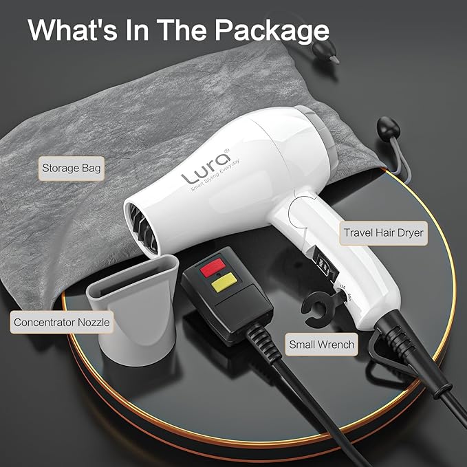 Foldable Travel Hair Dryer Mini:Dual Voltage Lightweight Blow Dryer with Pouch,1200w Compact Pink Small Hair Dryer for Acrylic Paint Pouring(White)