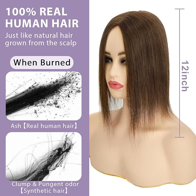 3x5 Inch Injected Silk Base Hair Toppers for Women, 12 Inch Length 130% Density Real Human Hair Pieces #2A Brown