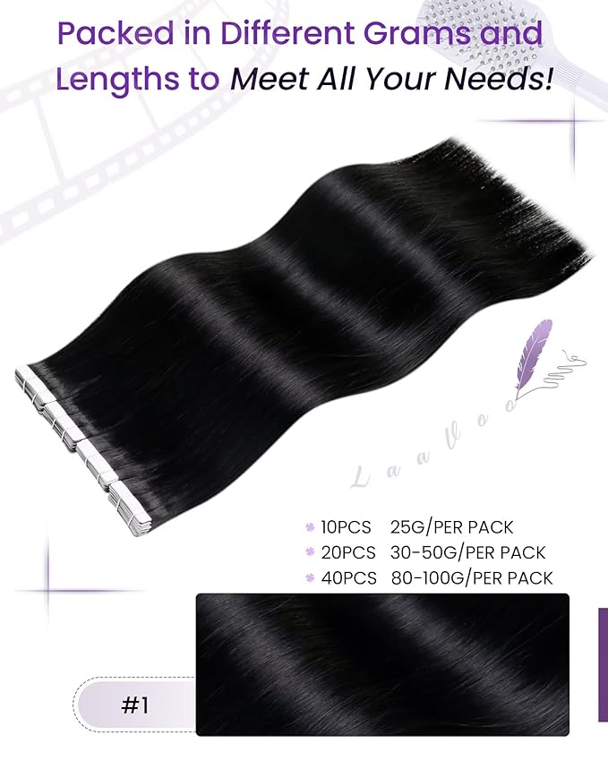 LaaVoo Hair Extensions Tape in Real Hair Tape in Hair Extension Black Human Hair Seamless Tape on Hair Extensions 14inch 50g 20pcs