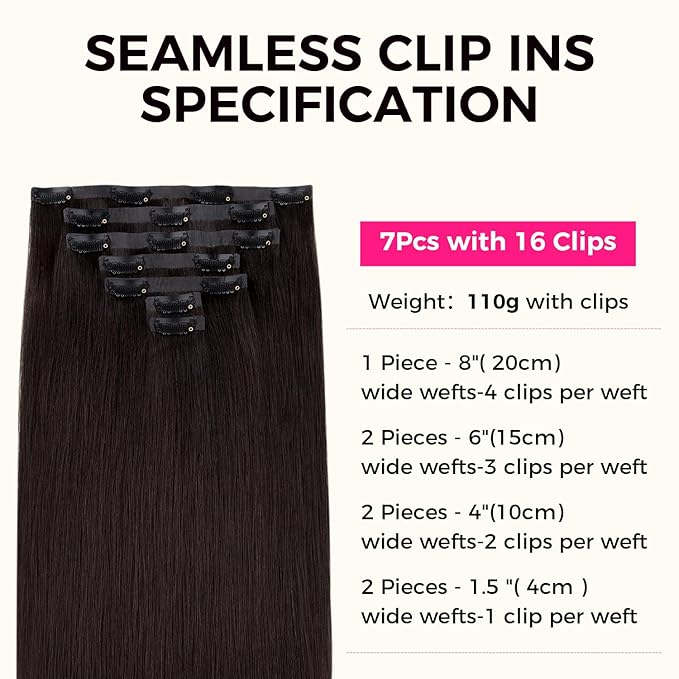 Lashey Seamless Clip in Hair Extensions Human Hair #2 Dark Brown Light Yaki Straight Clip in Extensions Real Human Hair 7pcs 110g 24 Inch PU Weft Natural Hair Extensions for Women