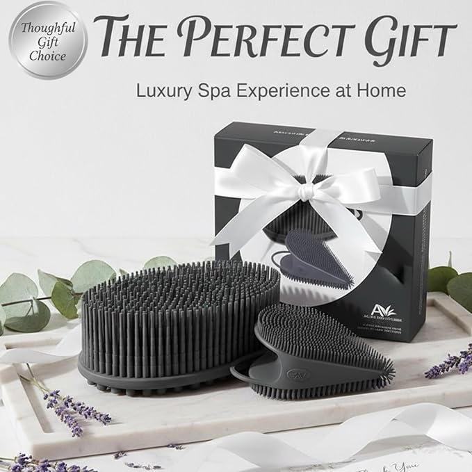 Silver Infused Body Face Scrubber Set - 2 Pack Premium Shower Brush Kit - Avilana Advanced Material Bath Loofah Alternative Complete Skincare System - Luxury Gift Set Women Men