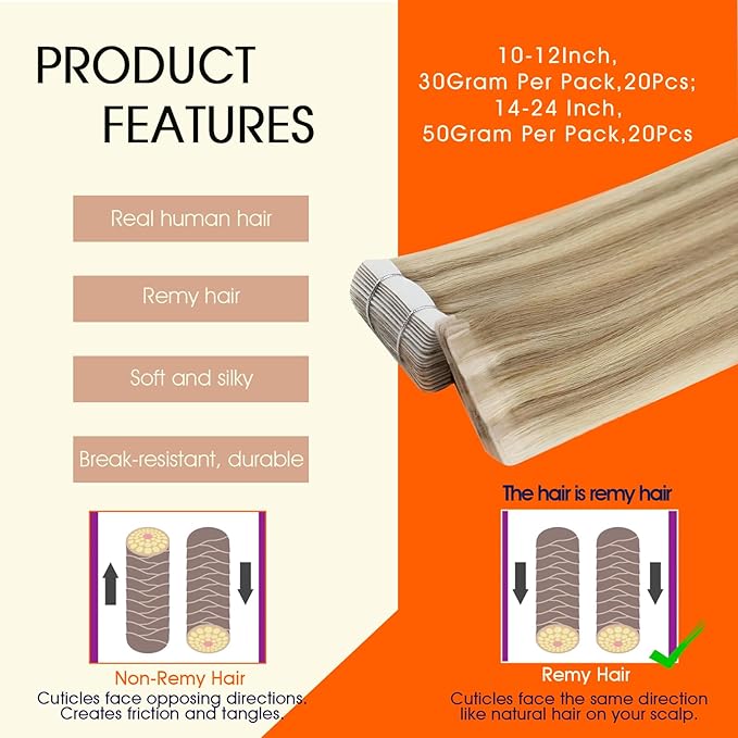 Full Shine Injected Tape in Human Hair Extensions Color 16 Highlight 22 Blonde 20Inch Intact Tape Extensions Human Hair 50G 20Pcs for Daily Office Look Long Lasting Adhesive Seamless Skin Weft