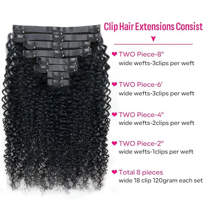 Seamless Curly Clip in Hair Extensions Real Human Hair Brazilian Virgin Human Hair Clip in Extensions 8Pcs Seamless Clip ins for Black Women with 18Clips PU Skin Weft 120g 20inch Natural Black