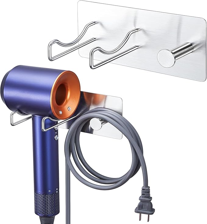 Blow Dryer Holder Wall Mounted, Hair Dryer Holder, Stainless Steel Hair Tool Organizer, Adhesive Hair Dryer Hook for Wall, Bathroom Hairdryer Holder for Blowdryer Storage