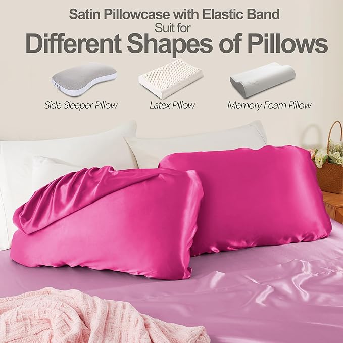 SiinvdaBZX Hot Pink Satin Pillowcase Standard/Queen Size Set of 2, Silky Travel Elastic Band Satin Pillow Case for Hair and Skin, Soft Portable & Fit for Various Pillow
