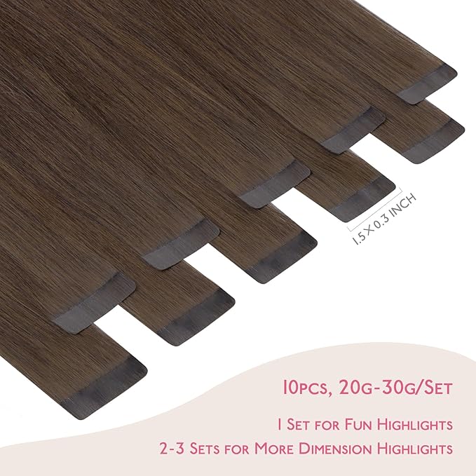 WENNALIFE Tape in Hair Extensions Human Hair Chocolate Brown Tape in Extensions, 10pcs 20g 10 inch Remy Invisible Tape Ins Straight Soft Real Human Hair