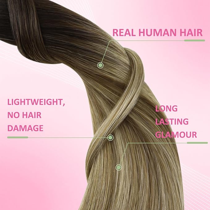 YoungSee Invisible Tape in Hair Extensions Balayage Human Hair Tape in Extensions Ombre Seamless Tape-in Extension Real Human Hair Brown Balayage with Blonde Human Hair Extension Tapein 24 Inch 20pcs