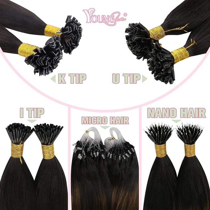 YoungSee K Tip Hair Extensions Human Hair Balayage Ktip Real Hair Extensions Dark Brown Ombre Brown with Blonde Hot Fusion 14In 50s/50g