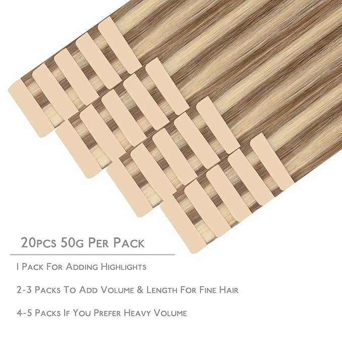 WENNALIFE Tape in Hair Extensions Human Hair, 20pcs 50g 16 inch Ash Brown with Platinum Blonde Highlights Remy Hair Extensions Straight Human Hair Tape in Extensions Skin Weft Tape Extensions