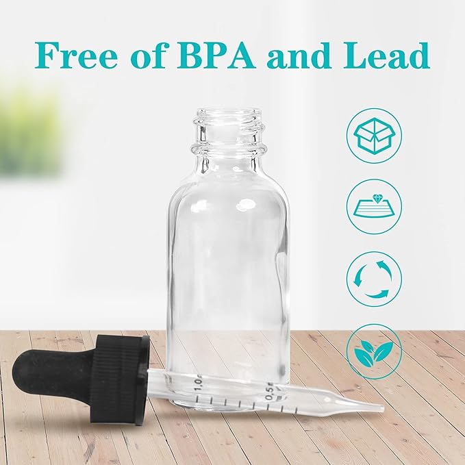 1 oz Dropper Bottle 48 Pack Clear Glass Boston Bottles 30ml with Eye Droppers Black Caps for Essential Oils, Perfume, Leak Proof Travel Bottles for Liquids