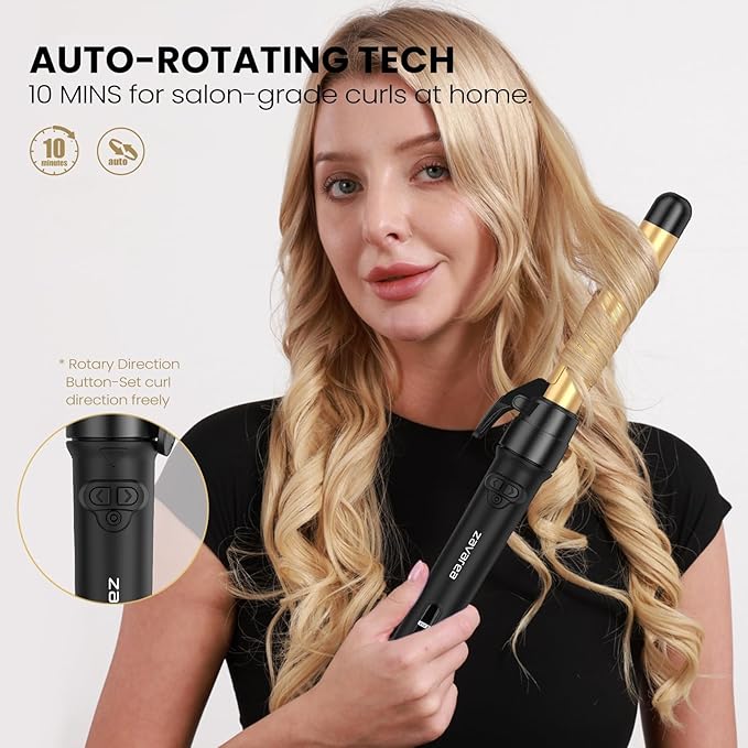 Rotating Curling Iron 3 in 1 Set, Automatic Curling Wand with 3 Interchangeable Ceramic Barrels(0.75" - 1.25"), Instant Heating Hair Culer with 5 Adjustable Temp, Include Heat Resistant Glove & Clips