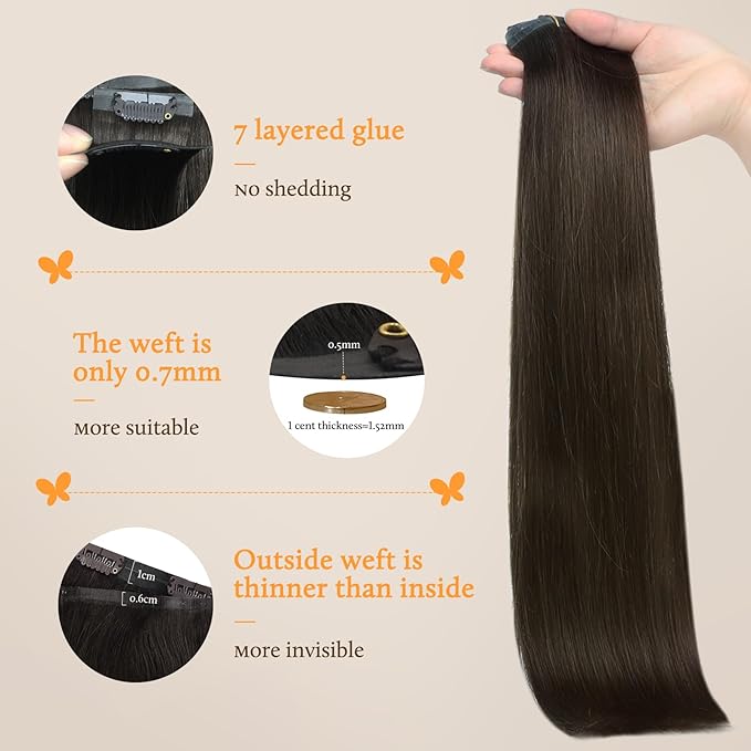 DOORES Hair Extensions Human Hair Seamless Clip in, Dark Brown 20 Inch 7pcs 150g, Straight Remy Extensions Thin Weft Thick Natural Weft