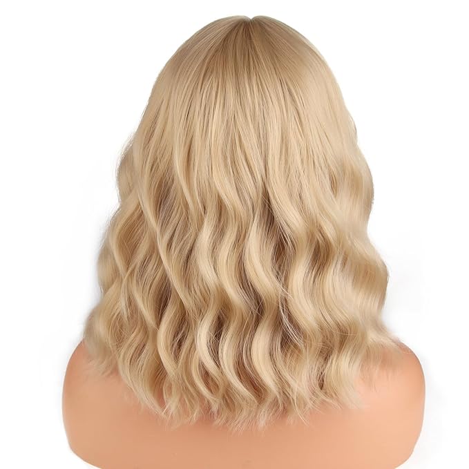 BERON 14 Inches Blonde Wig Short Curly Wigs for Women Ash Blonde Synthetic Wigs with Bangs Wig Cap Include