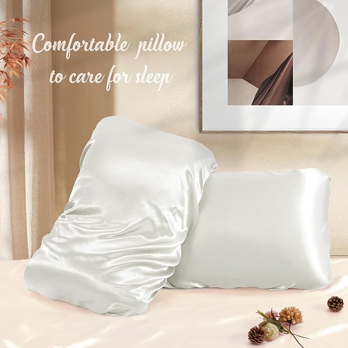 Manyshofu Satin Pillowcases for Hair Protection - 2Pcs White Pillow Cases, Elastic Band Standard & Queen Satin Pillowcases Luxury Silky Pillow Cases Travel Pillow Covers
