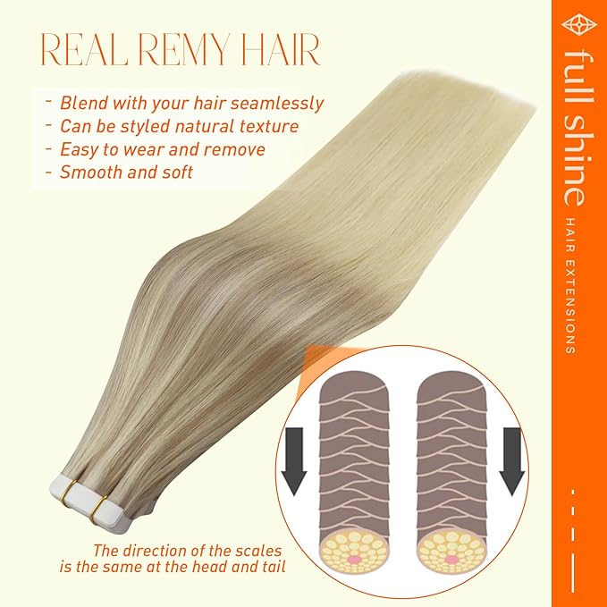 Full Shine Tape in Hair Extensions Human Hair 18 Inch Color 18 Fading to 22 and 60 Platinum Blonde Remy Human Hair Extensions Tape in 20 Pieces 50 Grams Adhesive Tape Extensions