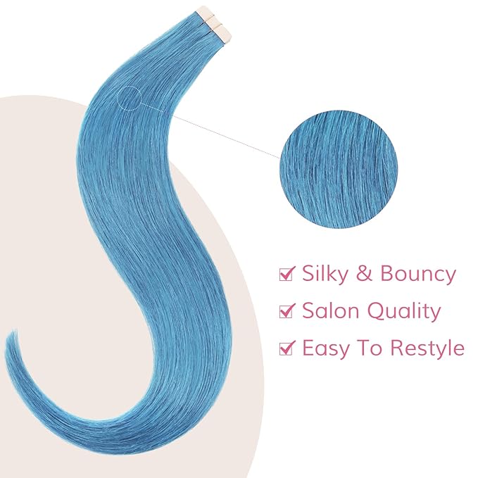 WENNALIFE Tape in Hair Extensions Human Hair SkyBlue Tape in Extensions, 10pcs 25g 18 inch Remy Invisible Tape Ins Straight Colored Soft Real Human Hair Tape in Extensions Refill Set Extensions